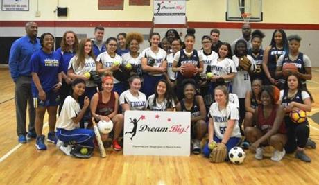 Students on sports teams at O?Bryant, Madison Park, and New Mission high schools as well as the Boston Showstoppers basketball program and the Rope Burners double dutch program are among more than 7,000 female athletes who have received sports gear and scholarships from Dream Big.
