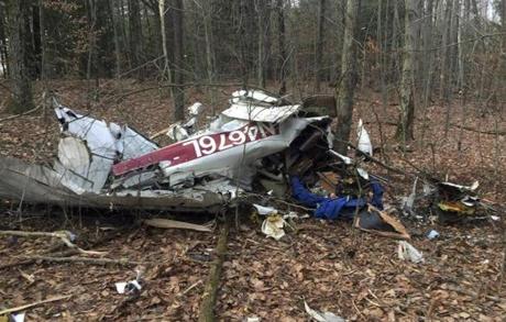 In this Thursday, Nov. 23, 2017 photo released by the Vermont State Police, wreckage of a small plane lies crumpled in a wooded area in Pittsford, Vt., where it is believed to have crashed Wednesday after it was reported missing. Police said Norman L. Baker, 89, of Windsor, Mass., was killed in the crash. He had been flying alone from Pittsfield, Mass., to Middlebury, Vt. (Vermont State Police via AP)
