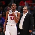 DETROIT, MI - NOVEMBER 08: Head coach Stan Van Gundy of the Detroit Pistons talks to Avery Bradley #22 during action against the Indiana Pacers at Little Caesars Arena on November 9, 2017 in Detroit, Michigan. Detroit won the game 114-97. NOTE TO USER: User expressly acknowledges and agrees that, by downloading and or using this photograph, User is consenting to the terms and conditions of the Getty Images License Agreement. (Photo by Gregory Shamus/Getty Images)