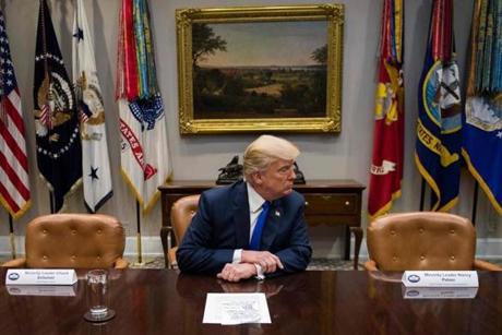 President Trump made a statement from the Roosevelt Room next to the empty chairs of Senate Minority Leader Chuck Schumer (left), and House Minority Leader Nancy Pelosi.

