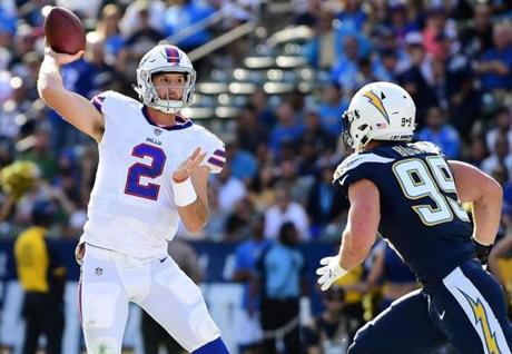 CARSON, CA - NOVEMBER 19: Nathan Peterman #2 of the Buffalo Bills throws a pass during the first quarter of the game against the Los Angeles Chargers at the StubHub Center on November 19, 2017 in Carson, California. (Photo by Harry How/Getty Images)
