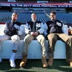 Foxboro-11/28/17-Lincoln-Sudbury High School football stars(left to rt) Harrison Gross, James Dillon and Cal Kenney check out the players bench on the field at Gillette Stadium. Captains, coaches and cheerleaders form the high schools that will play in Friday, and Saturdays MIAA superbowls, got to see Gillette Stadium, where they will play the games. John Tlumacki/Globe Staff(sports)