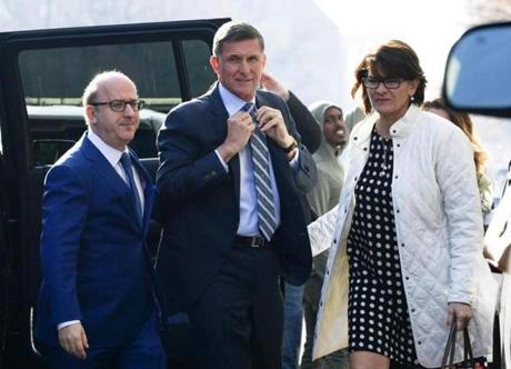 Former Trump national security adviser Michael Flynn (center) arrived at federal court in Washington on Friday.

