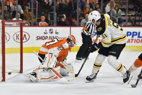 Boston Bruins' Ryan Spooner, right, scores a goal past Philadelphia Flyers' Brian Elliott during the first period of an NHL hockey game, Saturday, Dec. 2, 2017, in Philadelphia. (AP Photo/Derik Hamilton)
