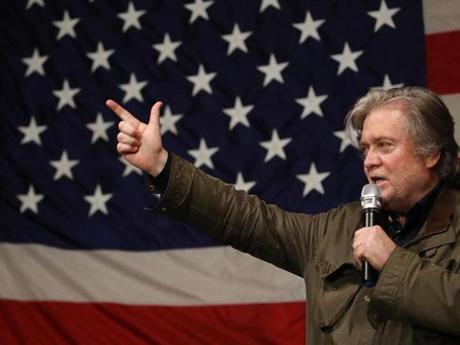 Steve Bannon spoke Tuesday in Fairhope, Ala., during a rally for US Senate candidate Roy Moore.

