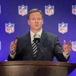 FILE - In this Oct. 18, 2017, file photo, NFL commissioner Roger Goodell speaks during a news conference, in New York. As the Supreme Court prepares to hear a challenge to the federal ban on sports betting, U.S. sports leagues are hedging their bets. The leagues are fighting the case in court, but leaders of the NBA, the NHL and Major League Baseball have said publicly that they?re open to sports betting being legalized. They?re preparing for a future of expanded gambling and hoping to have a say in how legalization takes effect. Only the NFL has remained steadfast in its opposition, a stance that critics see as hypocritical. (AP Photo/Julie Jacobson, File)