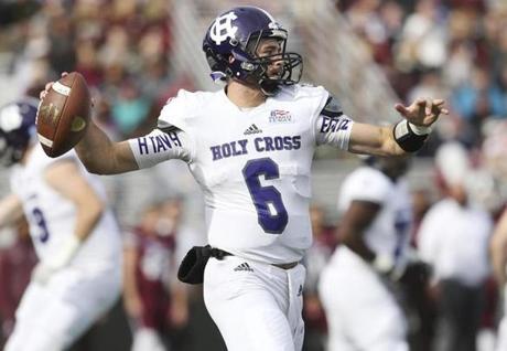 Holy Cross' Peter Pujals #6 in action against Fordham during an NCAA college football game, Saturday, Nov. 4, 2017, in Bronx, N.Y. Holy Cross won 42-20. (AP Photo/Steve Luciano)
