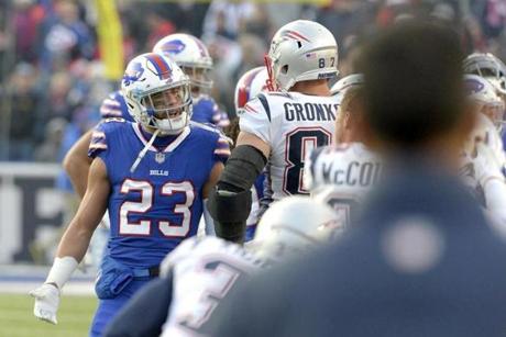 Buffalo Bills strong safety Micah Hyde (23) argues with New England Patriots tight end Rob Gronkowski (87) during the second half of an NFL football game, Sunday, Dec. 3, 2017, in Orchard Park, N.Y. (AP Photo/Adrian Kraus)
