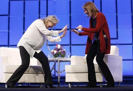 Meryl Streep (left) jokingly bowed down to Gloria Steinem as they arrived to speak at the Massachusetts Conference for Women.
