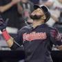 Cleveland Indians' Carlos Santana reacts as he comes home after hitting a home run against the New York Yankees during the seventh inning of a baseball game, Monday, Aug. 28, 2017, at Yankee Stadium in New York. (AP Photo/Bill Kostroun)