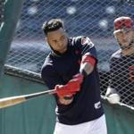Cleveland Indians' Carlos Santana takes batting practice during team workout, Tuesday, Oct. 3, 2017, in Cleveland. The Indians will play the winner of the wild card game between the New York Yankees and the Minnesota Twins in the ALDS on Thursday. (AP Photo/Tony Dejak)