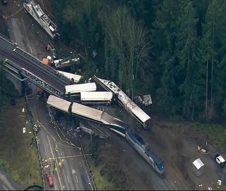 This aerial image from video provided by KOMO-TV shows the site of an Amtrak train that derailed south of Seattle. 
