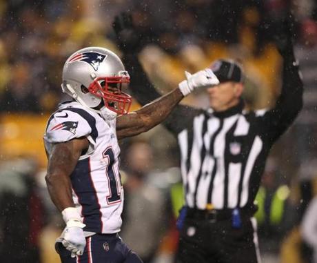 Pittsburgh, PA - 12/17/2017: Brandin Cooks celebrates his TD during third quarter action. The New England Patriots vs. the Pittsburgh Steelers at Heinz Field. Jim Davis / Globe staff
