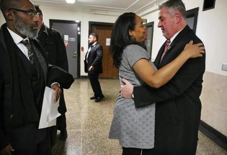Barbra Eden embraced Boston Police Sergeant Detective William Doogan on Thursday following the sentencing of Lena Bruce?s killer in Suffolk Superior Court. Eden was Bruce's roommate at the time of her death; Doogan was the lead investigator on the case.
