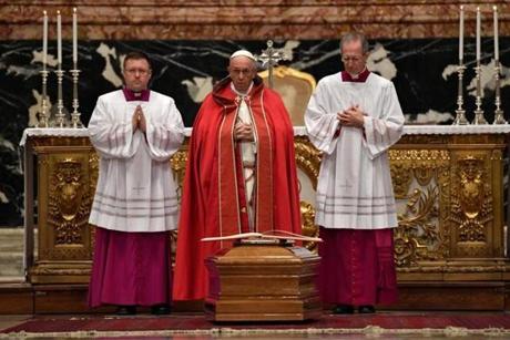 Pope Francis (center) attended the funeral mass of cardinal Bernard Law at St Peter's basilica in Vatican.
