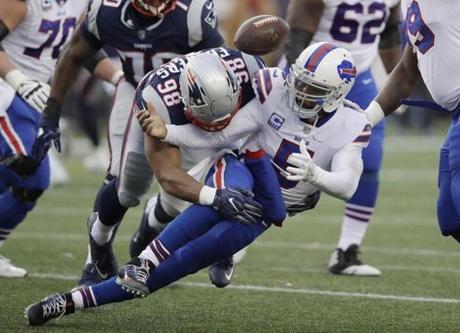 Bills quarterback Tyrod Taylor fumbled as he was sacked by the Patriots? Trey Flowers.
