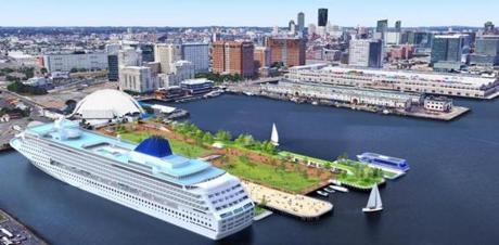 One idea for Dry Dock #4, behind Blue Hills Bank Pavilion, is to create a park where a floating hotel fashioned from a cruise ship would be docked (architect?s rendering above). 

