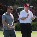 President Donald Trump spoke with members of the US Coast Guard, who he invited to play golf, at Trump International Golf Club Friday in West Palm Beach, Fla. 
