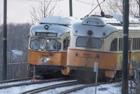 The smashed front end of a Mattapan High Speed MBTA Trolley near Cedar Grove Station on Friday, December 29, 2017 in Wellesley. (Scott Eisen for The Boston Globe)
