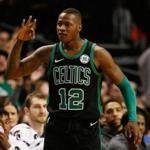 Boston, MA -- 12/31/2017 - Celtics Terry Rozier III celebrates his three pointer against the Nets during the first half at TD Garden. (Jessica Rinaldi/Globe Staff) Topic: Reporter: 