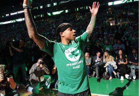 Boston, MA - 5/15/2017 - (1st quarter) Boston Celtics guard Isaiah Thomas (4) exhorts the fans to make some noise during the team introductions. The Boston Celtics host the Washington Wizards in Game 7 of the Eastern Conference Semi-Finals at TD Garden. - (Barry Chin/Globe Staff), Section: Sports, Reporter: Adam Himmelsbach, Topic: 16Celtics-Wizards, LOID: 8.3.2508922496.

