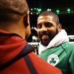 BOSTON, MA - JANUARY 3: Kyrie Irving #11 of the Boston Celtics talks with Isaiah Thomas #3 of the Cleveland Cavaliers after the Celtics defeat the Cavaliers 102-88 at TD Garden on January 3, 2018 in Boston, Massachusetts. (Photo by Maddie Meyer/Getty Images)