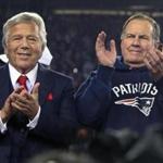 Foxborough, MA 1-22-17: New England Patriots owner Robert Kraft (left) and head coach Bill Belichick (right) are pictured during the post game victory celebration. The New England Patriots hosted the Pittsburg Steelers in the National Football League AFC Championship Game at Gillette Stadium. (Globe Staff Photo/Jim Davis) reporter: mcbride topic: Patriots-Steelers