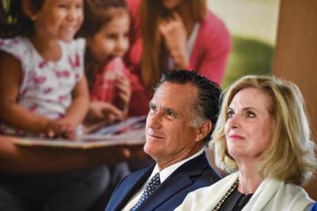 Mitt Romney and Ann Romney attended the press presentation of a newly constructed Mormon temple near Paris in March 2017.
epa05894342 US former Governor of Massachusetts Mitt Romney (C) and his wife Ann Romney (R) attend the press presentation of the newly constructed Mormon temple of the Church of Jesus Christ of Latter Day Saints in Le Chesnay, west of Paris, in 07 March 2017. This temple is the first build by the Mormon church in mainland France. EPA/CHRISTOPHE PETIT TESSON
