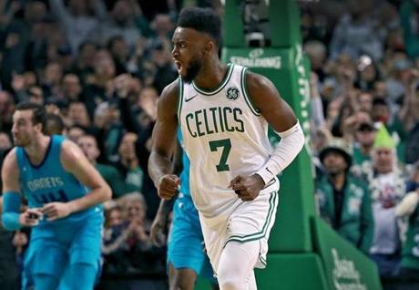 Boston Ma 11/10/17 Boston Celtics Jaylen Brown reacting after making a layup against the Charlotte Hornets during fourth quarter action at the TD Garden. (Matthew J. Lee/Globe staff) topic reporter:
