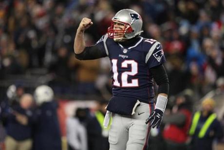 Tom Brady, who will soon be playing in his 12th AFC Championship game, celebrated Brandon Bolden's third quarter.
