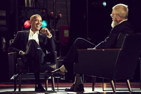 David Letterman interviews Barack Obama on ?My Next Guest Needs No Introduction.? 
