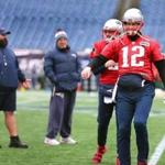 Foxboroughr-01/17/18- The Patriots practiced at Gillette Stadium as they prepared for the AFC Championship game against Jacksonville. Matt Patricia(left) and coach Bill Belichick share a laugh with qb's Brian Hoyer and Tom Brady during warmups. John Tlumacki/Globe staff(sports)