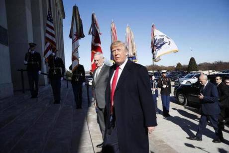 President Donald Trump walked into the Pentagon with Defense Secretary Jim Mattis Thursday.  
