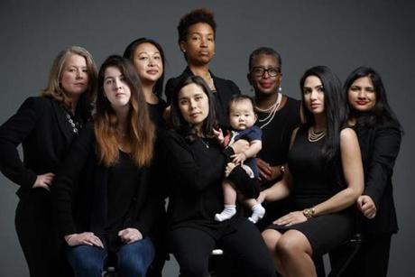Tami Gouveia, 43, of Acton; Lucy Lyman, 17, of Cambridge; Linda Sopheap Sou, 34; Lianna Kushi, 33, of Lowell (seated with her baby, Ella Kushi-Pouv); Nicole LaGuerre, of Acton (standing in back); Yvonne Spicer,  55, of Framingham; Stephanie Martins, 29, of Everett; and Sumbul Siddiqui, 29, of Cambridge. 
