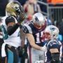 Foxborough, MA 1/21/2018 Jaguars Barry Church hits Patriots Rob Gronkowski to the helmet which caused a penalty in the second quarter. The New England Patriots host the Jacksonville Jaguars in an NFL AFC championship game at Gillette Stadium in Foxborough, Mass., Jan. 21, 2018.(Matthew J. Lee/Globe Staff)