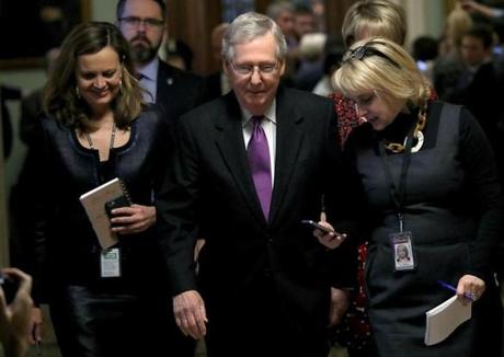 WASHINGTON, DC - JANUARY 22: Senate Majority Leader Mitch McConnell (R-KY) leaves the Senate chamber after the final senate vote to end the shutdown of the federal goverment January 22, 2018 in Washington, DC. The U.S. Senate has voted to end the shutdown, and Congress will now need to wait for the House of Representatives to approve the legislation. (Photo by Win McNamee/Getty Images)
