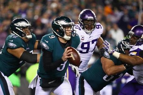 PHILADELPHIA, PA - JANUARY 21: Nick Foles #9 of the Philadelphia Eagles looks to pass during the fourth quarter against the Minnesota Vikings in the NFC Championship game at Lincoln Financial Field on January 21, 2018 in Philadelphia, Pennsylvania. (Photo by Al Bello/Getty Images)
