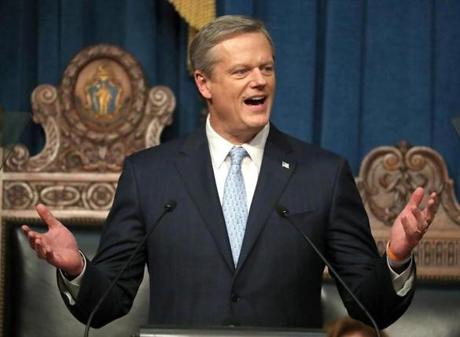 Gov. Charlie Baker delivering the State of the Commonwealth address in the house chamber of the State House. 
