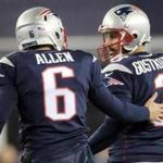 Foxborough, MA - 1/22/2017 - Holder Ryan Allen and Stephen Gotskowski celebrate after 3rd quarter field goal in the third quarter. The New England Patriots host the Pittsburgh Steelers in the AFC Championship game at Gillette Stadium in Foxborough, Mass., on Jan. 22, 2017. (Stan Grossfeld/Globe Staff)