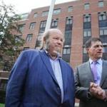 Manchester, NH- August 04, 2017: Whistle bowers Ed Kois , left, (head of Manchester VA's spinal cord clinic) and Stewart Levenson (retired chief of medicine at the Manchester VA hospital), prepare to depart after talking with the media outside the VA Medical Center in Manchester, NH on August 04, 2017. (CRAIG F. WALKER/GLOBE STAFF) section: metro reporter: 