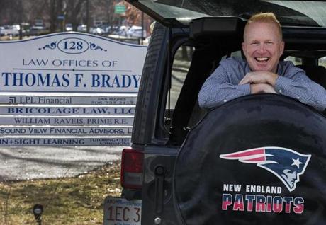 Walpole , Ma- Jan. 25, 2018- Stan Grossfeld/Globe Staff- Tom Brady, a real estate lawyer, in front of his Walpole offices. He plans to root for his namesake at the Super Bowl.
