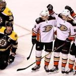 Boston, MA - 1/30/2018 - (1st period) The Anaheim Ducks celebrate after they scored first in a play where the puck rebounded off a sliding Boston Bruins defenseman Zdeno Chara (33) and past Boston Bruins goaltender Anton Khudobin (35) into the Bruins goal during the first period. The Boston Bruins host the Anaheim Ducks at TD Garden. - (Barry Chin/Globe Staff), Section: Sports, Reporter: Kevin P Dupont, Topic: 31Bruins-Ducks, LOID: 8.4.831219291.