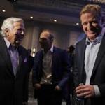 NFL Commissioner Roger Goodell, right, and New England Patriots owner Robert Kraft laugh before a news conference in advance of the Super Bowl 52 football game, Wednesday, Jan. 31, 2018, in Minneapolis. The Philadelphia Eagles play the New England Patriots on Sunday, Feb. 4, 2018. (AP Photo/Matt Slocum)