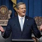 FILE - In this Jan. 23, 2018 file photo, Massachusetts Gov. Charlie Baker delivers his state of the state address in the House Chamber in Boston. Some polls rank Baker, a Republican in one of the nation's most liberal-leaning states, as the most popular governor in the country. (AP Photo/Stephan Savoia, File)