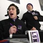 Javik Blake, 16, and color commentator Greg Brenault reacted as Norton High scored against Foxborough High. 