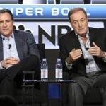 Fred Gaudelli, left, and Al Michaels participate in the Super Bowl 52 panel during the NBCUniversal Television Critics Association Winter Press Tour on Tuesday, Jan. 9, 2018, in Pasadena, Calif. (Photo by Willy Sanjuan/Invision/AP)