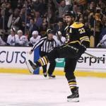 Boston MA 02/03/18 Boston Bruins center Patrice Bergeron (37) celebrates his goal against the Toronto Maple Leafs during first period action at TD Garden. (Matthew J. Lee/Globe staff) topic: reporter: