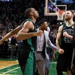 Boston MA 02/04/18 Boston Celtics Al Horford celebrates his game winning shot with his teammates after they defeated the Portland Trail Blazers 97-96 at TD Garden. (Matthew J. Lee/Globe staff) topic: reporter: 