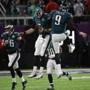 Minneapolis, MN - 2/4/2018 - Nick Foles celebrates with backup quarterback Nate Sudfeld after Foles touchdown during 2nd quarter of Super Bowl LII. The New England Patriots play the Philadelphia Eagles in Super Bowl LII at US Bank Stadium in Minneapolis on Feb. 4, 2018. (Barry Chin/Globe staff