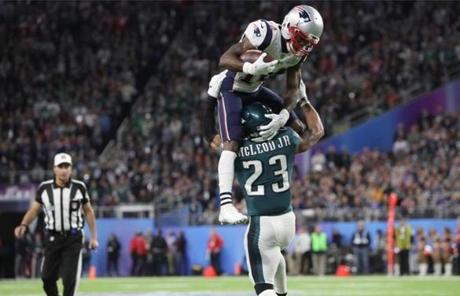 SUPER BOWL SLIDER3 Minneapolis, MN - 2/4/2018 - Brandin Cooks is stopped by Rodney McLeod as he tries to go up and over near goal line during 2nd quarter of Super Bowl LII. The New England Patriots play the Philadelphia Eagles in Super Bowl LII at US Bank Stadium in Minneapolis on Feb. 4, 2018. (Barry Chin/Globe staff
